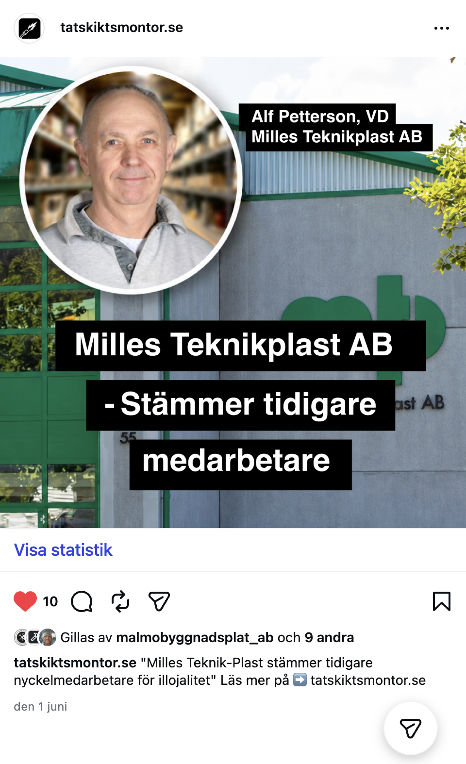 Exempel på hur en sponsrad artikel delas på Instagram